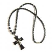 18inch Hematite Cross Pendant with Silver Jesus Stone Strands Necklace